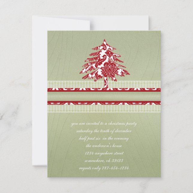 Red Damask Christmas Wood Grain Tree Einladung (Vorderseite)