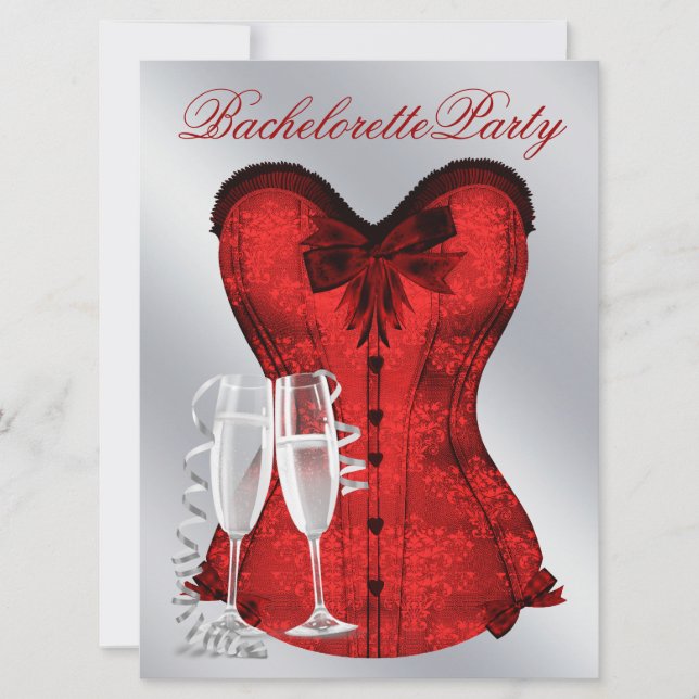 Red Damask Corset Champagne Roter Junggeselinnen-A Einladung (Vorderseite)