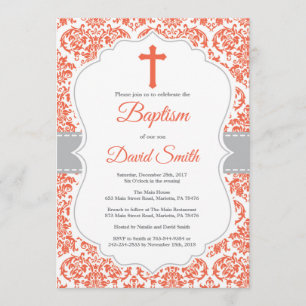 Red Damask Cross Baptism Invitation