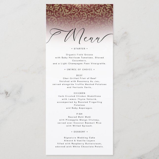 Red Damask Elegante Wedding Menu Card Menükarte (Vorderseite)