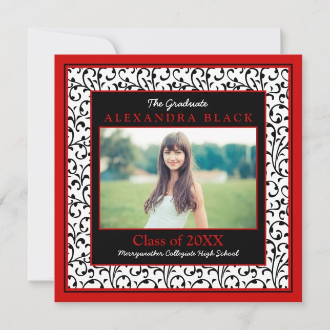 Red Damask Floral Photo Graduation Invitation (Devant)