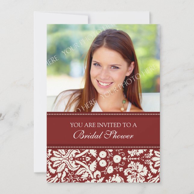 Red Damask Foto Bridal Dusche Einladungskarte (Vorderseite)
