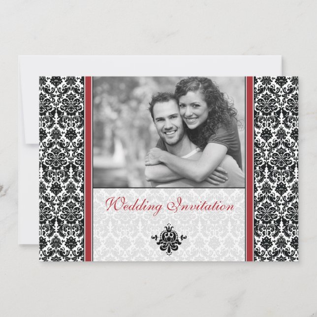 Red Damask Foto Hochzeitseinladung Einladung (Vorderseite)