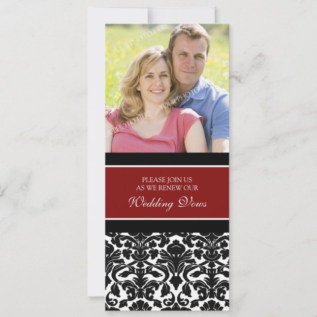 Red Damask Foto Hochzeitstag Erneuerbare Einladung (Vorderseite)