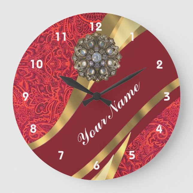 Red damask & gold swirl große wanduhr (Vorderseite)