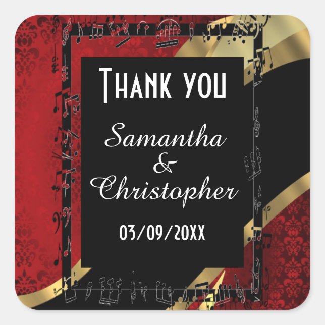 Red Damask Gold und Black Danke Quadratischer Aufkleber (Vorderseite)