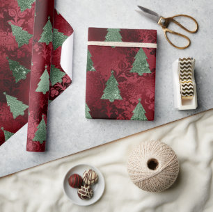 Red Damask Green Metallic Weihnachtsfeiertag Geschenkpapier