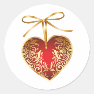 Red Damask Heart Runder Aufkleber