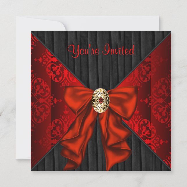 Red Damask Holiday Black Krawatte Party Einladung (Vorderseite)
