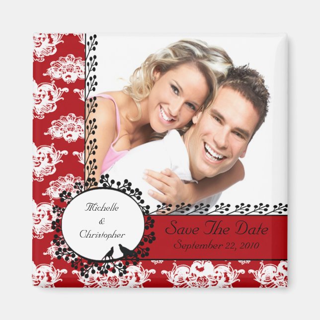 Red Damask Inséparables Photo Save The Date Magnet (Devant)
