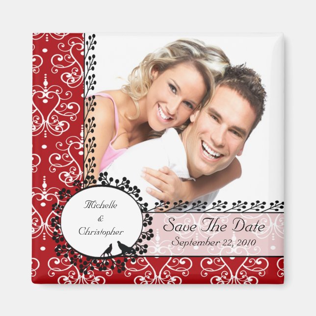 Red Damask Love Birds Foto Speichern das Date Magn Magnet (Vorne)