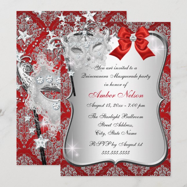 Red Damask Mask Quinceanera Masquerade Einladung (Vorne/Hinten)