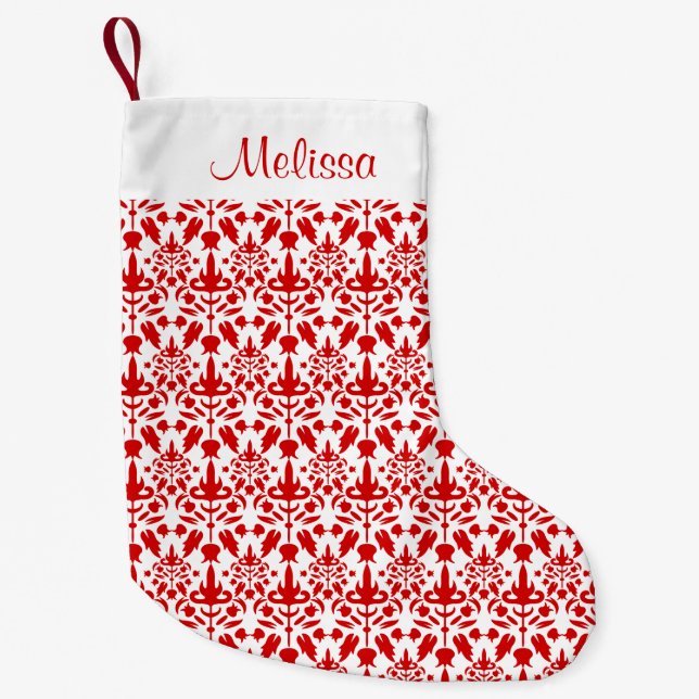 Red Damask Muster mit Individuelle Name Kleiner Weihnachtsstrumpf (Vorderseite)