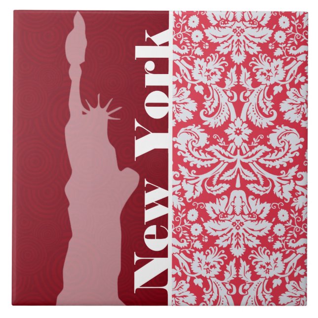 Red Damask Pattern; New York; Freiheitsstatue Fliese (Vorderseite)