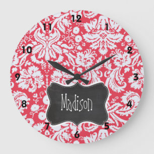 Red Damask Pattern; Vintage Chalkboard Große Wanduhr