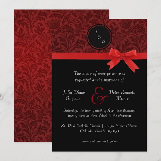 Red Damask & Red Bow - Einladung zur Hochzeit (Vorne/Hinten)