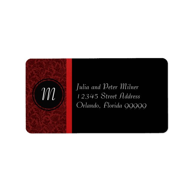 Red Damask & Red Bow Monogram - Address Label Adressaufkleber (Vorne)