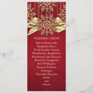 Red Damask Snowflakes Gold Ribbon Wedelmenü Menükarte