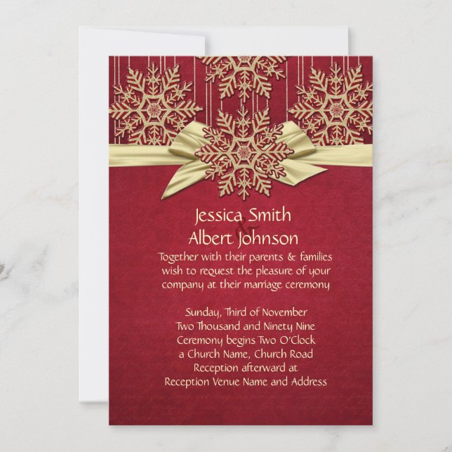 Red Damask Snowflakes Gold Ribbon Wedite Einladung (Vorderseite)