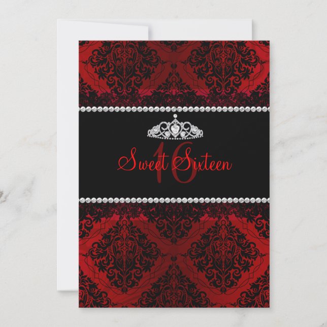 Red Damask & Tiara Sweet sixteen Invitation (Devant)