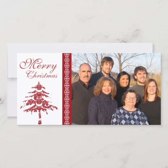 Red Damask Tree & Snowflakes Frohe Weihnachten (Vorderseite)