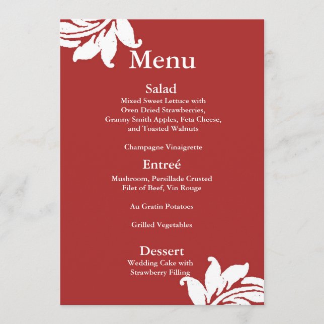 Red Damask Wedding Menu Menükarte (Vorderseite)