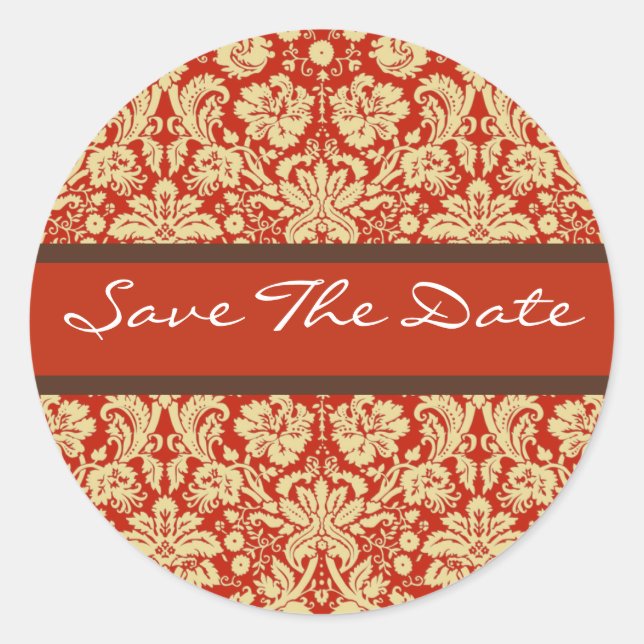 Red Damask Wedding Save the Date Sticker (Vorderseite)