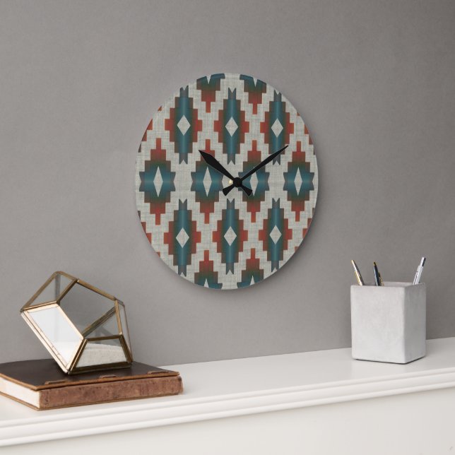 Red Dark Brown Aquamarin Blue Grau Tribal Art Must Große Wanduhr (Büro)