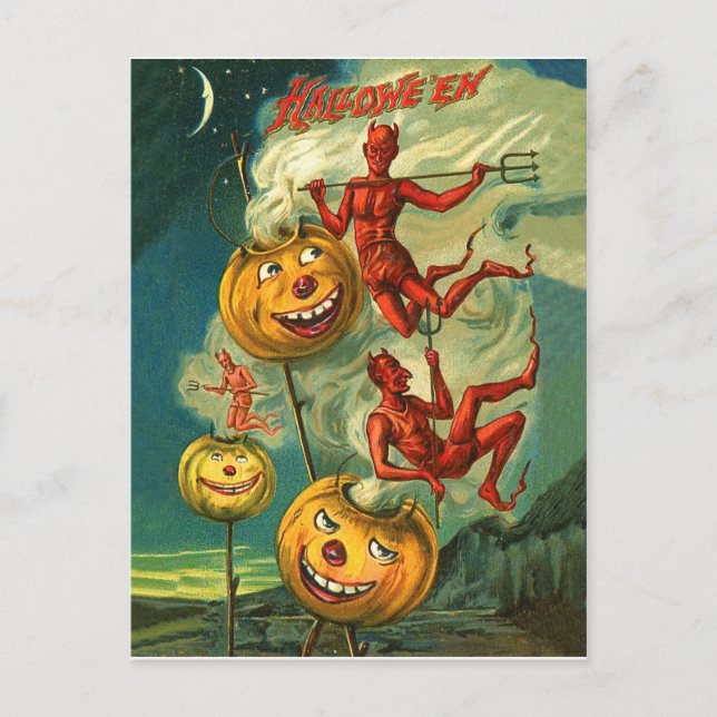 Red Devils reiten auf Halloween-Kürbiskuitrauchen Postkarte (Vorderseite)