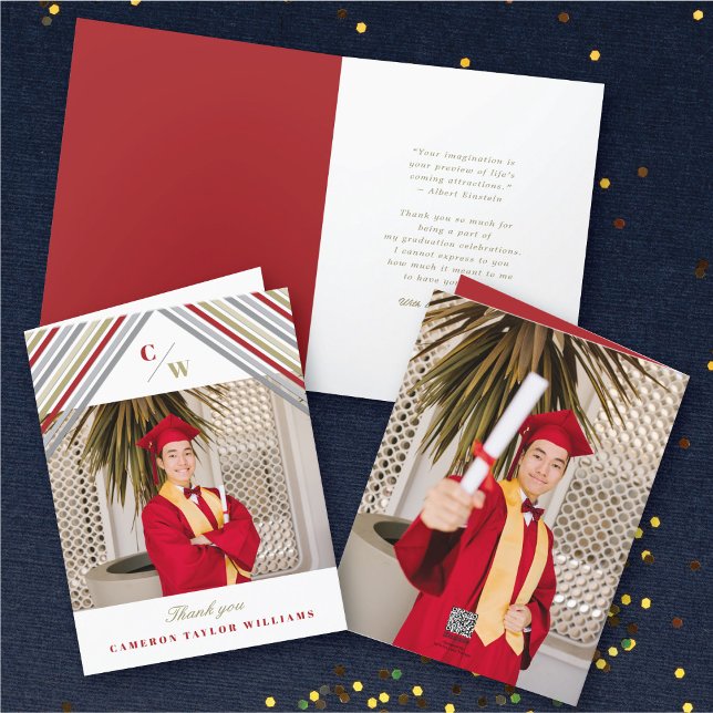 Red Diagonal Stripes Foto Moderner Abschluss Dankeskarte (Red Diagonal Stripes Monogram, Photo Modern Graduation Thank You Card @ zazzle.com/color_therapy)
