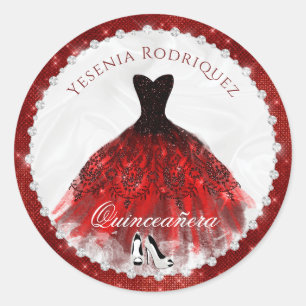 Red Diamond Sparkle Glam Quinceañera Runder Aufkleber