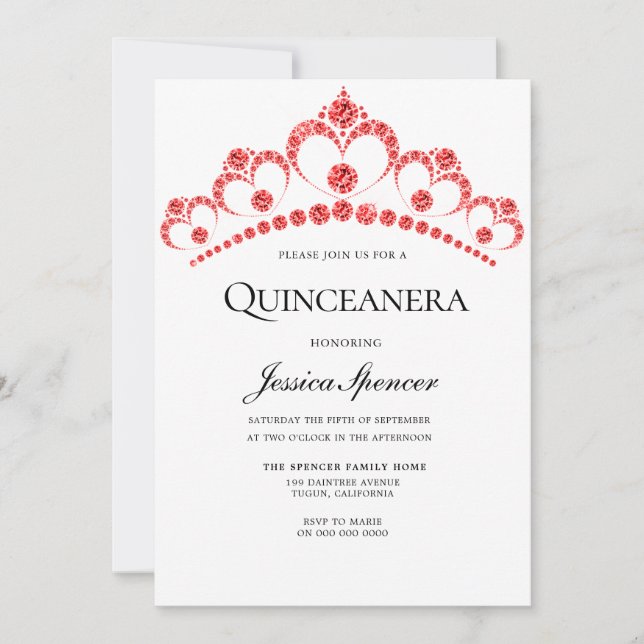 Red Diamond Tiara Quinceanera Party laden Einladung (Vorderseite)