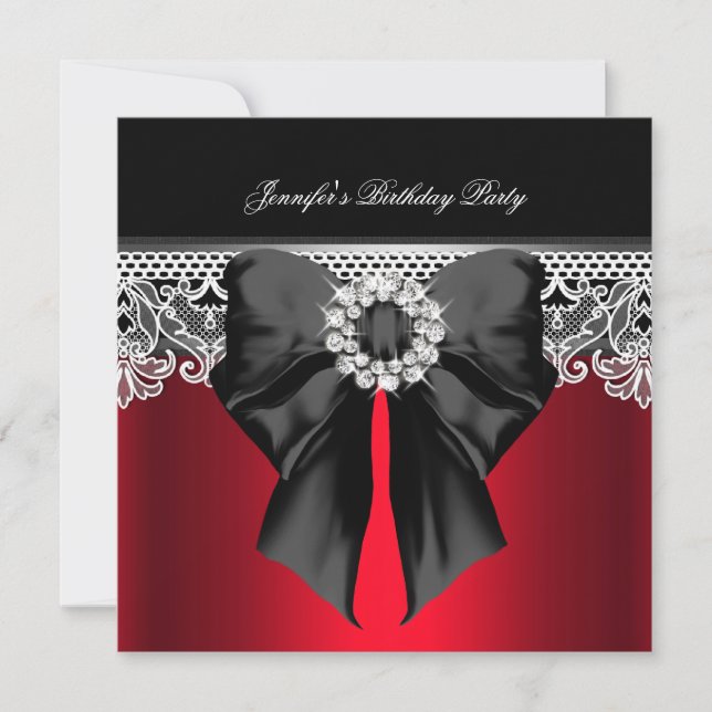 Red Diamonds Lace Image Birthday Party Black Einladung (Vorderseite)