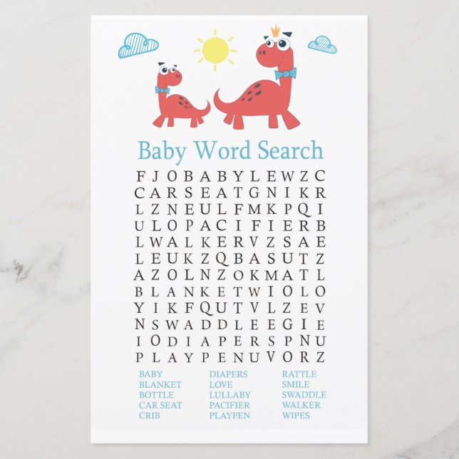 Red Dinosaurier Baby Dusche Word Search Game (Vorderseite)