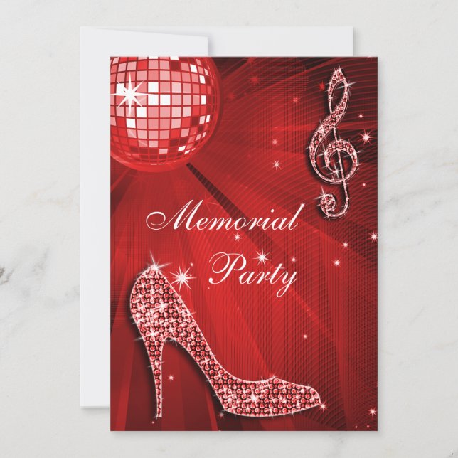 Red Disco Ball Sparkle Heelses Gedächtniswoche Par Einladung (Vorderseite)
