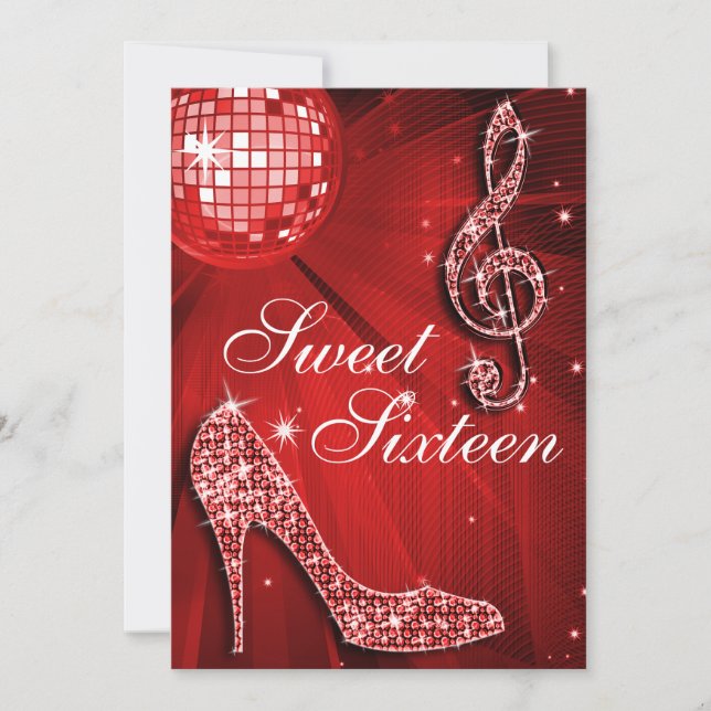 Red Disco Ball und Sparkle Heelses Sweet 16 Einladung (Vorderseite)