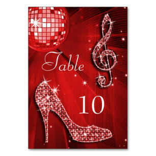 Red Disco Ball und Stiletto Shoe Doppelseitig Tischnummer