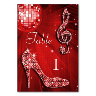 Red Disco Ball und Stiletto Shoe Doppelseitig Tischnummer