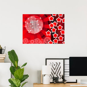 Red Disco Party Thema mit Sternen und Glitzer Ball Poster