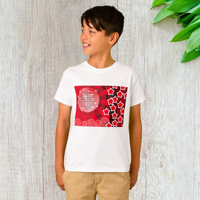 Red Disco Party Thema mit Sternen und Glitzer Ball T-Shirt (Von Creator hochgeladen)