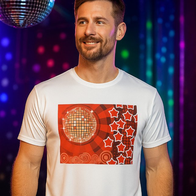 Red Disco Party Thema mit Sternen und Glitzer Ball T-Shirt (Von Creator hochgeladen)
