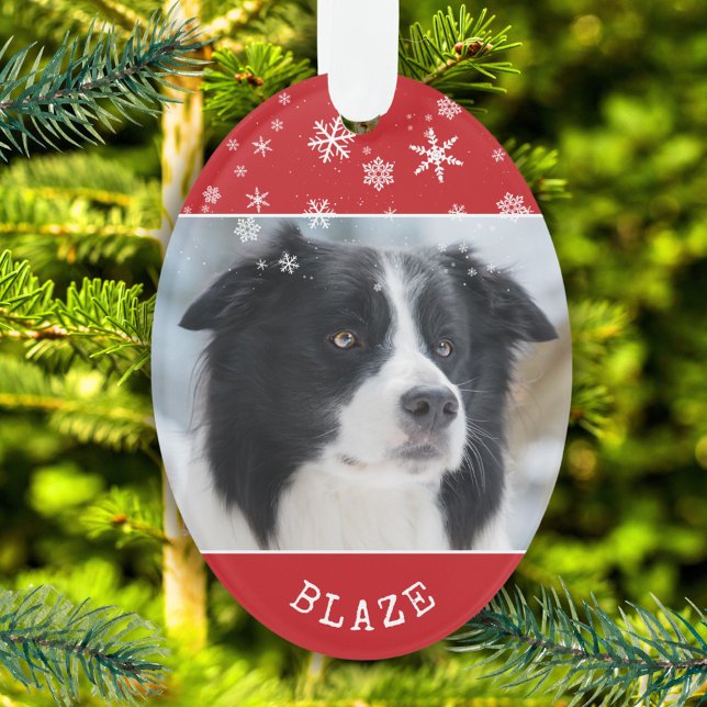 Red Dog Foto und Name Snowflake Muster Ornament (Von Creator hochgeladen)