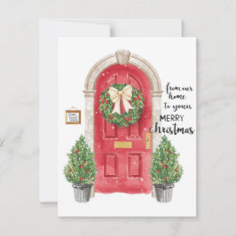 Red Door Potted Trees Wreath Watercolor Feiertagskarte
