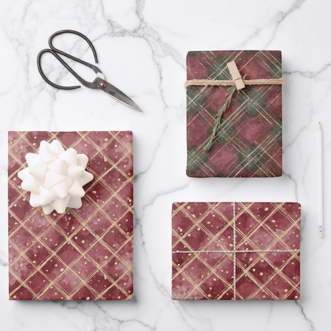 Red Dots Green Stripes Plaid Christmas Geschenkpapier Set (Vorderseite)