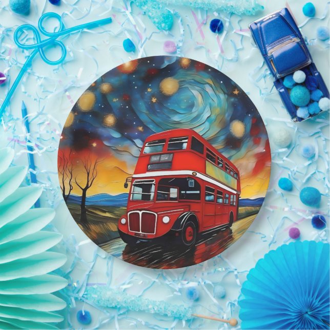 Red Double Decker Bus bei einer starren Nacht, Pappteller (Party)