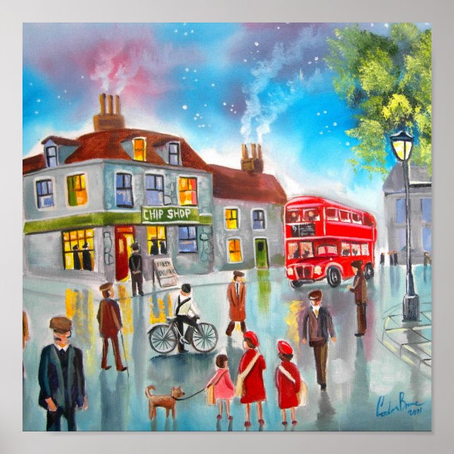 Red double decker bus street scene painting poster (Vorne)