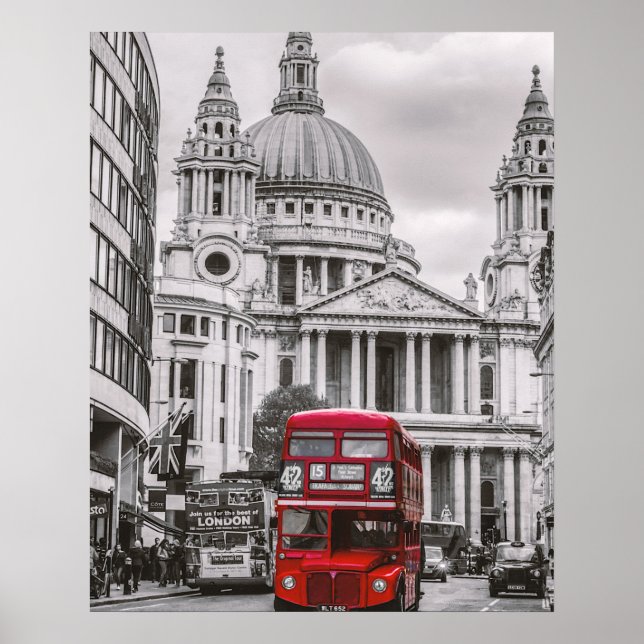 Red Double Decker Bus von London St Paul Cathedral Poster (Vorne)