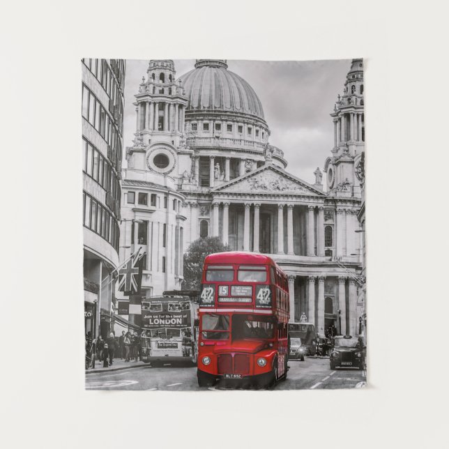 Red Double Decker Bus von London St Paul Cathedral Wandteppich (Vorderseite)