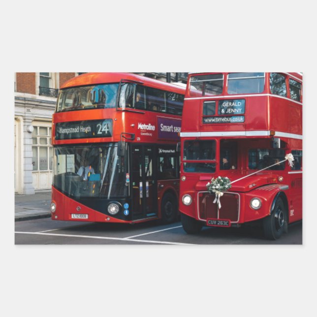 Red Double Decker Buses Rechteckiger Aufkleber (Vorderseite)