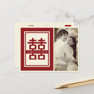 Red Double Happy Chinesisches Foto Save the Date Ankündigungspostkarte